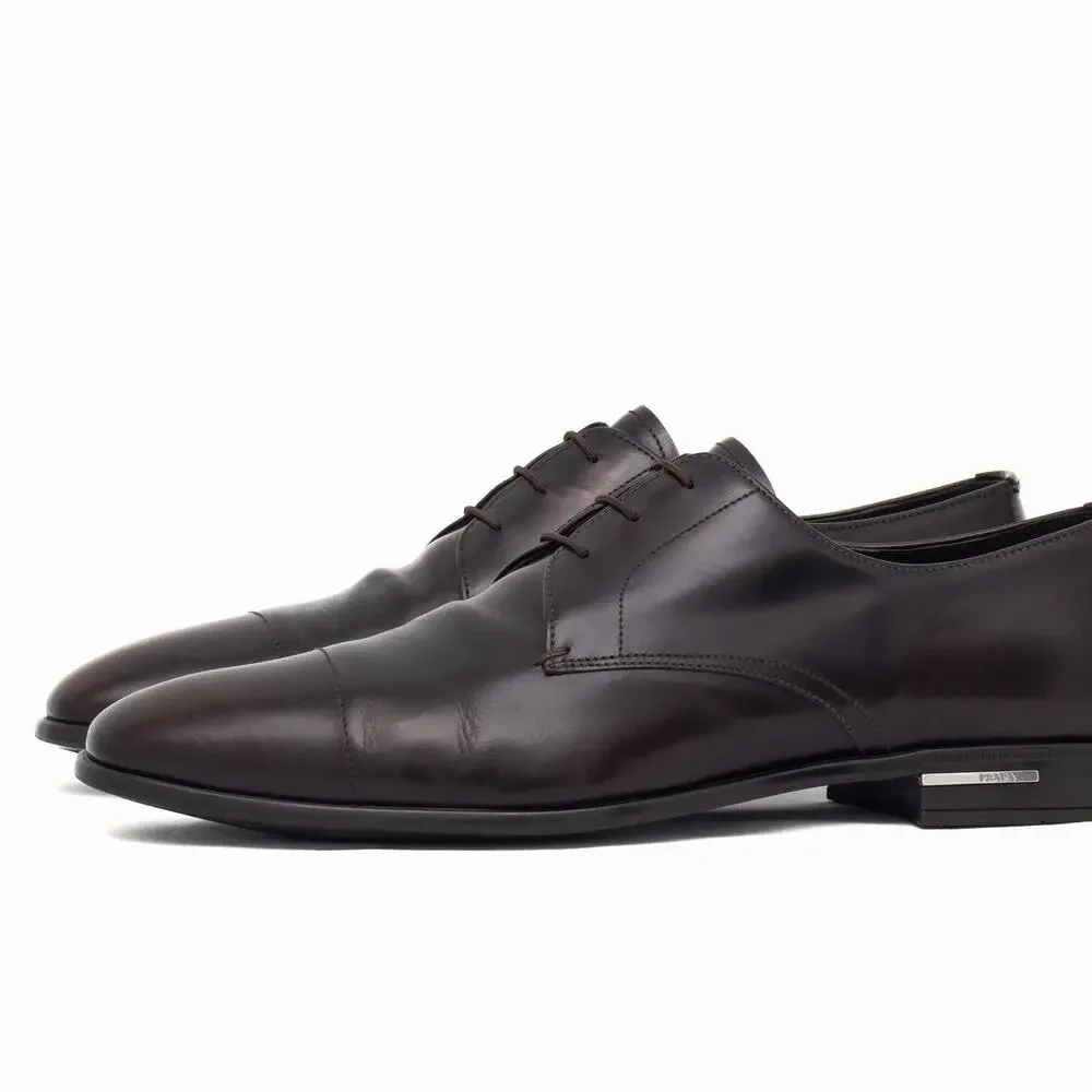 Prada Men's Brushed Leather Cap Toe Laced Up Oxford Dress Shoes Brown UK9 US10